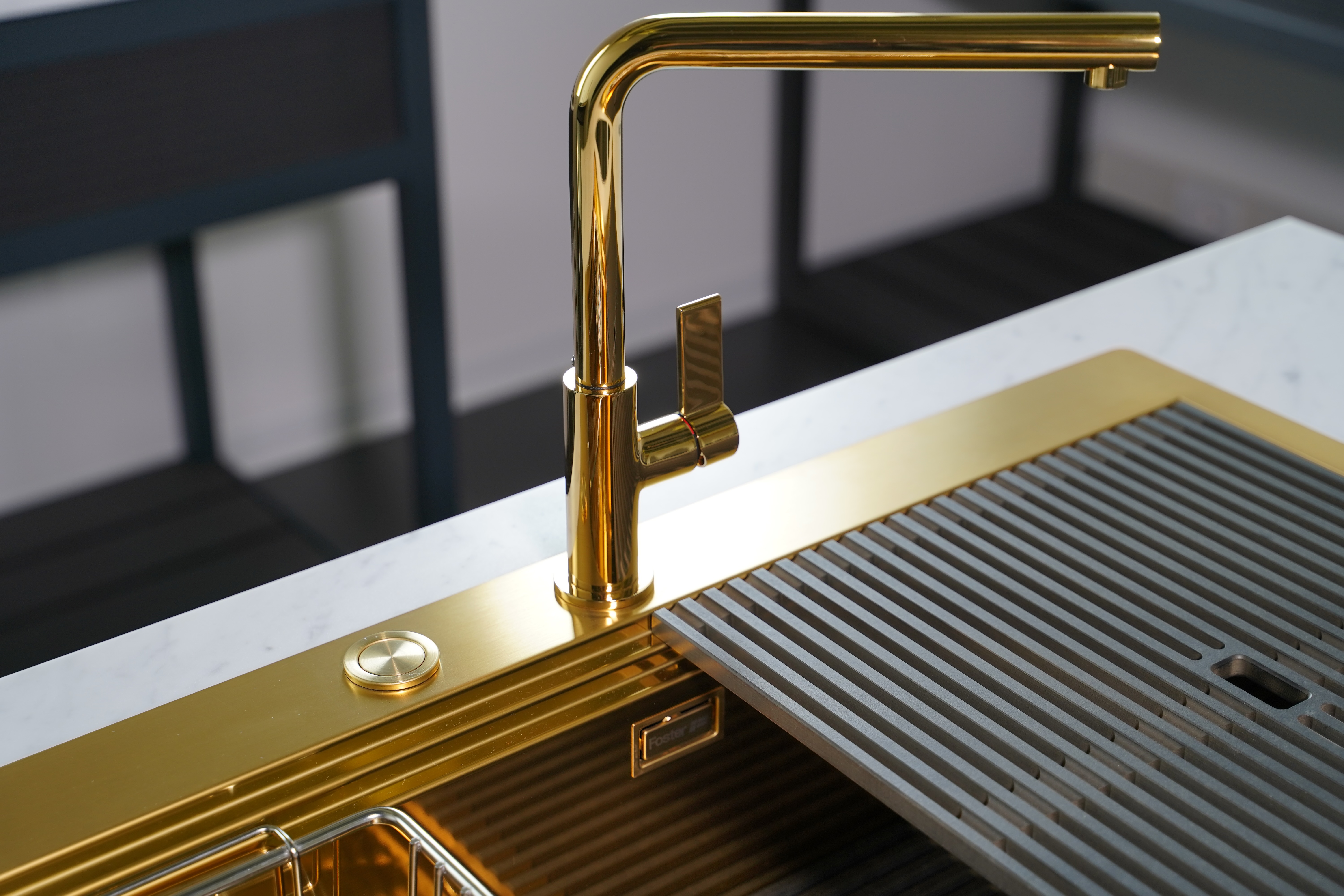 Milanello sink with satin gold finish paired with Omega mixer in chrome gold